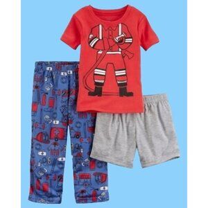 Carters 18 Mo 3 Piece Fireman Pajamas Short Sleeves Shorts Pants Boys Pjs New